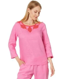 Lilly Pulitzer Elyn Beaded 3/4 Sleeve Linen Top | Shirts & Tops